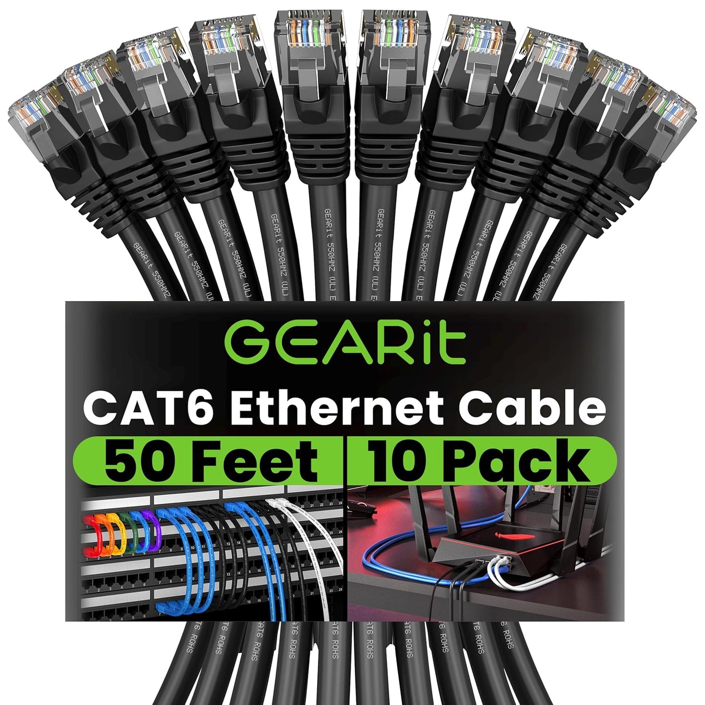 GEARit Cat 6 Ethernet Cable Pack - 10-Pack 50 ft Cat6 Ethernet Patch Cables | RJ45 Network Patch Cable, 10 Gbps Snagless Gold-Plated Connectors - Ethernet Cable Cat 6 for PC, TV, Router - Black