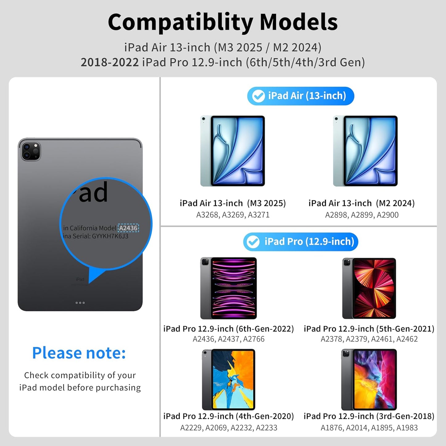 Keyboard Case for iPad Air 13 Inch (M3 2025/M2 2024),iPad Pro 12.9 inch (3/4/5/6th Gen)–Magic-Style Magnetic Keyboard Case with 7 Color Backlight,Multi-Touch Trackpad,Floating Cantilever Stand