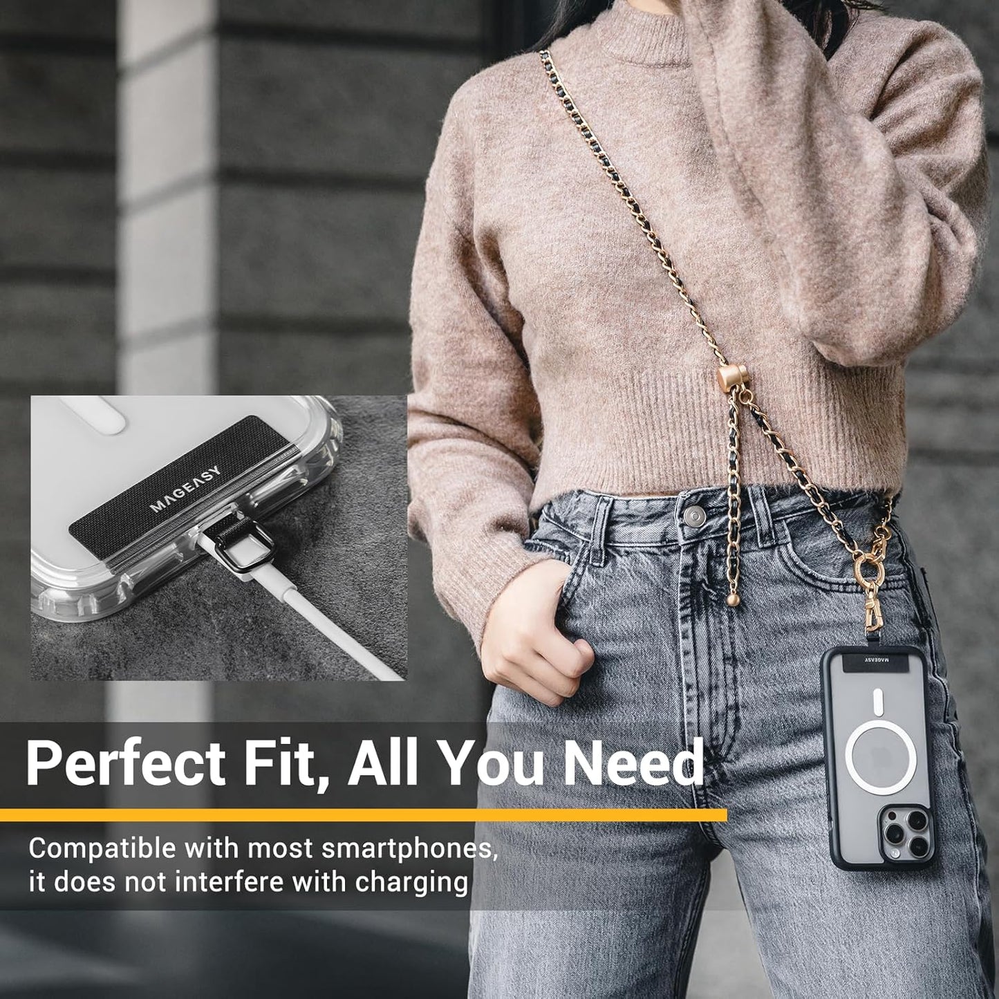 MAGEASY Crossbody Phone Chain Strap - Universal Metal Crossbody Phone Lanyard With Adjustable Length, Chic Cell Phone Necklace Phone Strap for iPhone & Android Phones - Modern Gold Metal