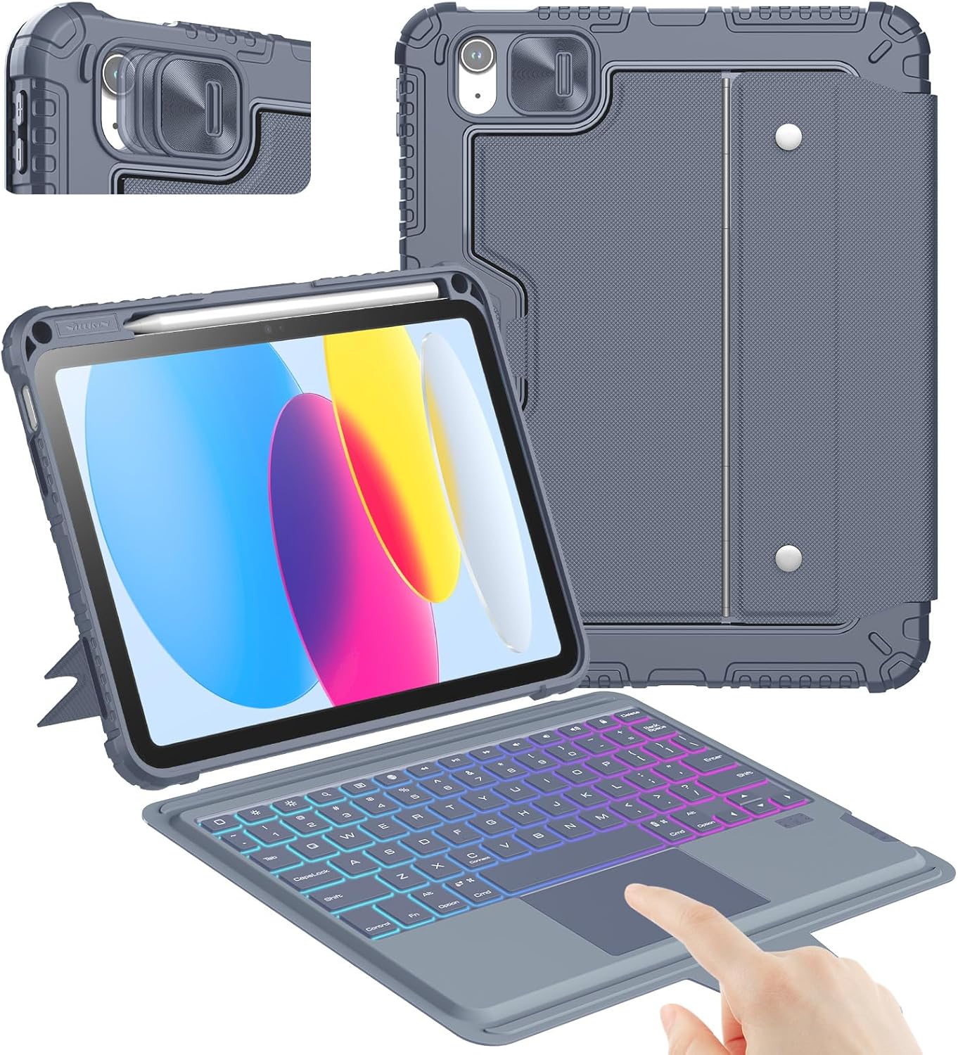 Nillkin iPad A16 (11th Gen) / 10th Gen Case with Detachable Keyboard, Magic Trackpad, 7-Color Backlit, Portrait/Landscape Modes, Rugged Keyboard Case for iPad 11th / 10th Generation (2025/2022), Gray
