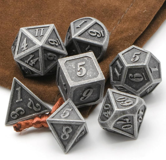 Metal Dice Set, HNCCESG Polyhedral D&D Dice for Dungeons and Dragons RPG DND Dice for Role Playing MTG Tabletop Gaming Shadowrun Pathfinder 7PCS D20 D12 D10 D8 D6 D4（Ancient Silver）