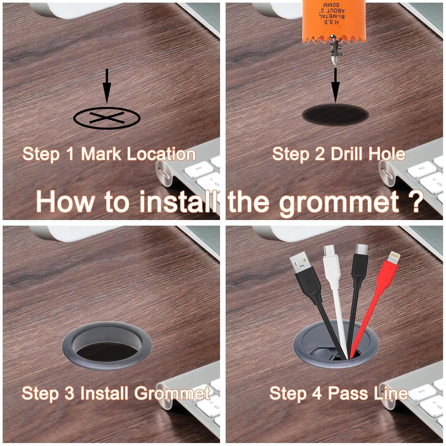 Desk Grommet 2 inch with Hole Saw, Desk Cord Hole Cover Grommet for Cables, 2 PCS, Black