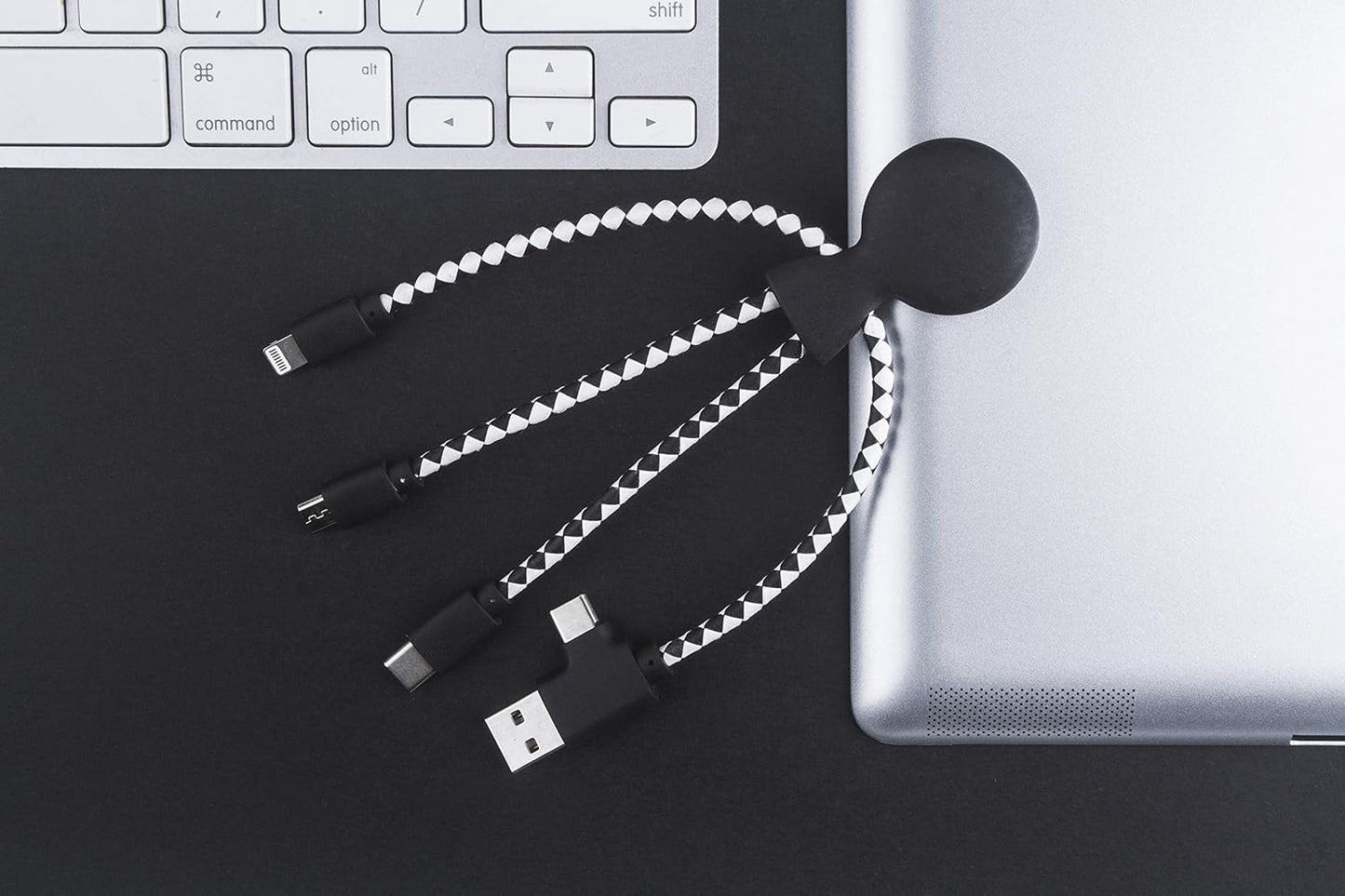 Mr Bio 4 in 1 Multi USB Cable Octopus Design Black - Universal Recycled Plastic Charger - USB Plug - USB-C - Lightning - Micro USB for Universal Smartphone