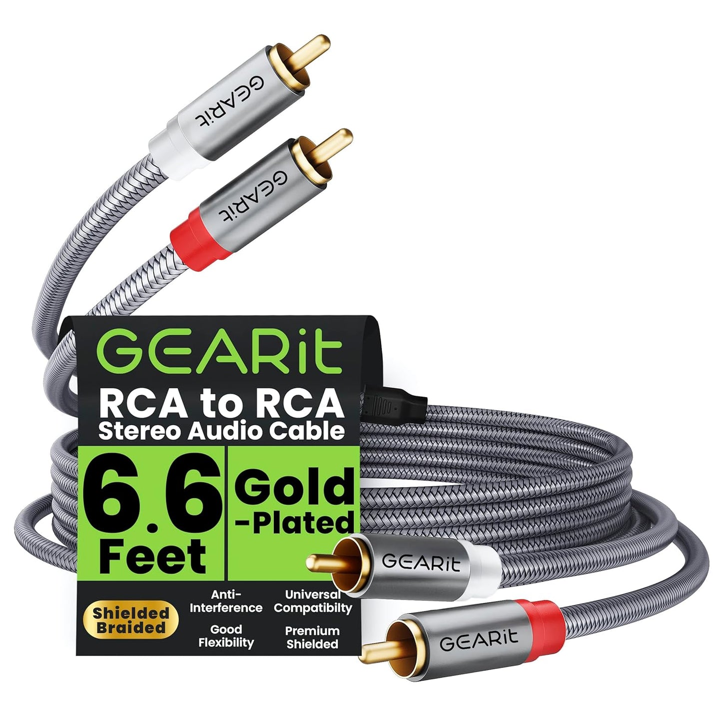 GEARit RCA Cable (6.6FT) 2RCA Male to 2RCA Male Stereo Audio Cables Shielded Braided RCA Stereo Cable for Home Theater, HDTV, Amplifiers, Hi-Fi Systems, Car Audio, Speakers, 6.6 Feet