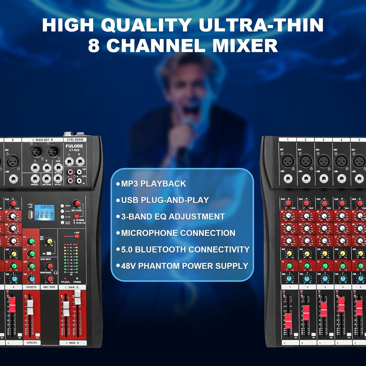 8 Channel Audio Mixer, Professional Music Mixer Board DJ Mixing Console with Bluetooth, USB/MP3 Player, Reverb, and 48V Phantom Power for Studio Recording, Karaoke, and Live Performances