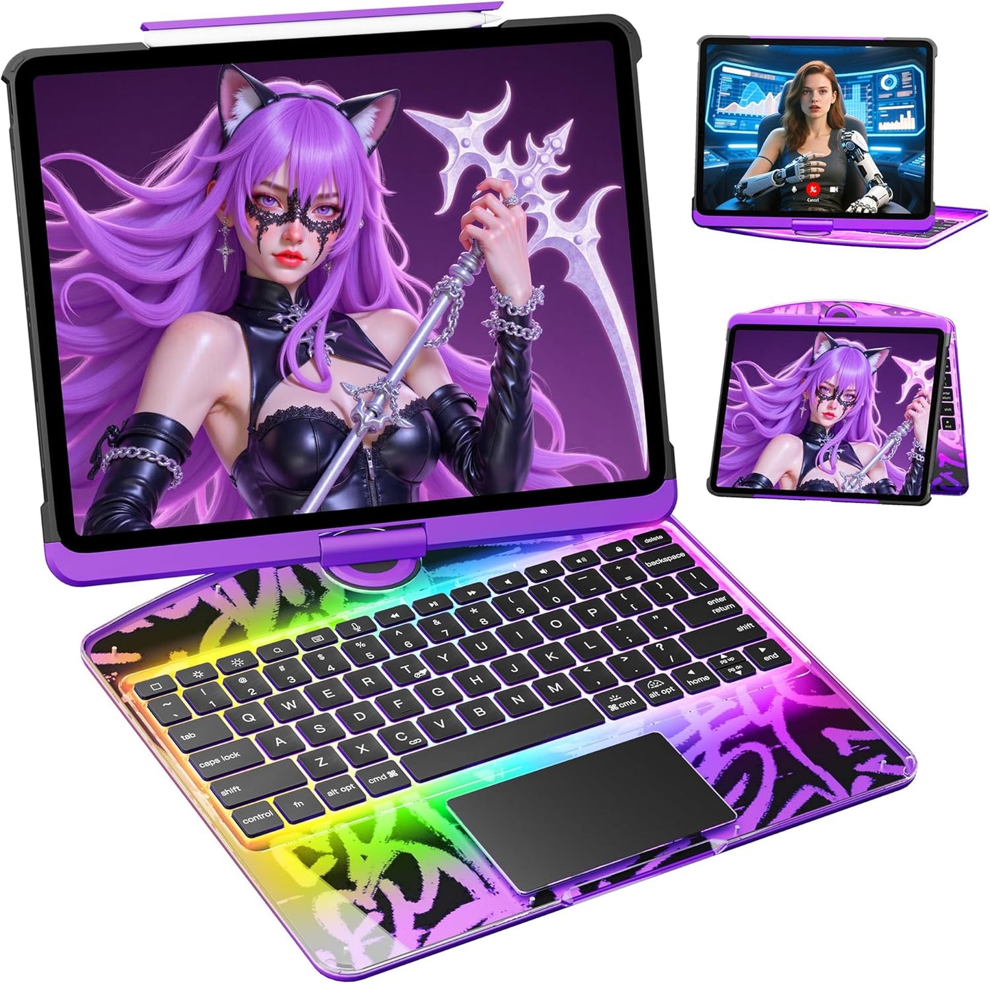 KITONE Transparent Case with Wireless Keyboard only for 2024 iPad Pro 11-in.(M4), 7 Colors Backlight, Trackpad, 360°Rotating Stand for iPad Pro 11(5th Gen), Tech Style