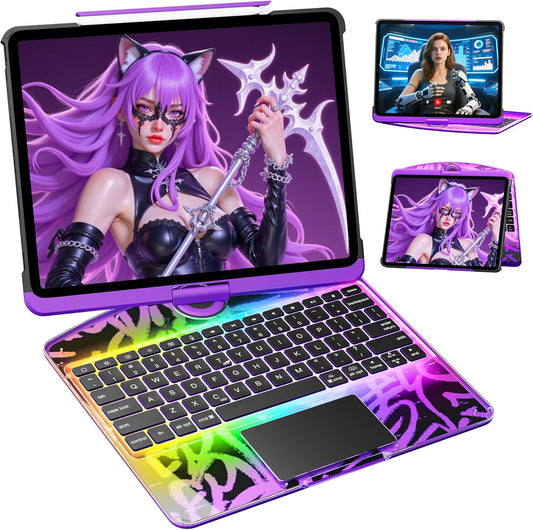 KITONE for iPad Air 11 Inch (M3/M2,2025/2024) Transperant Case with Wireless Keyboard, 7 Color Backlight, Trackpad, 360°Rotating Stand for 10.9" iPad Air 5th/4th, 11" iPad Pro 4/3/2/1 Case, Cyberpunk
