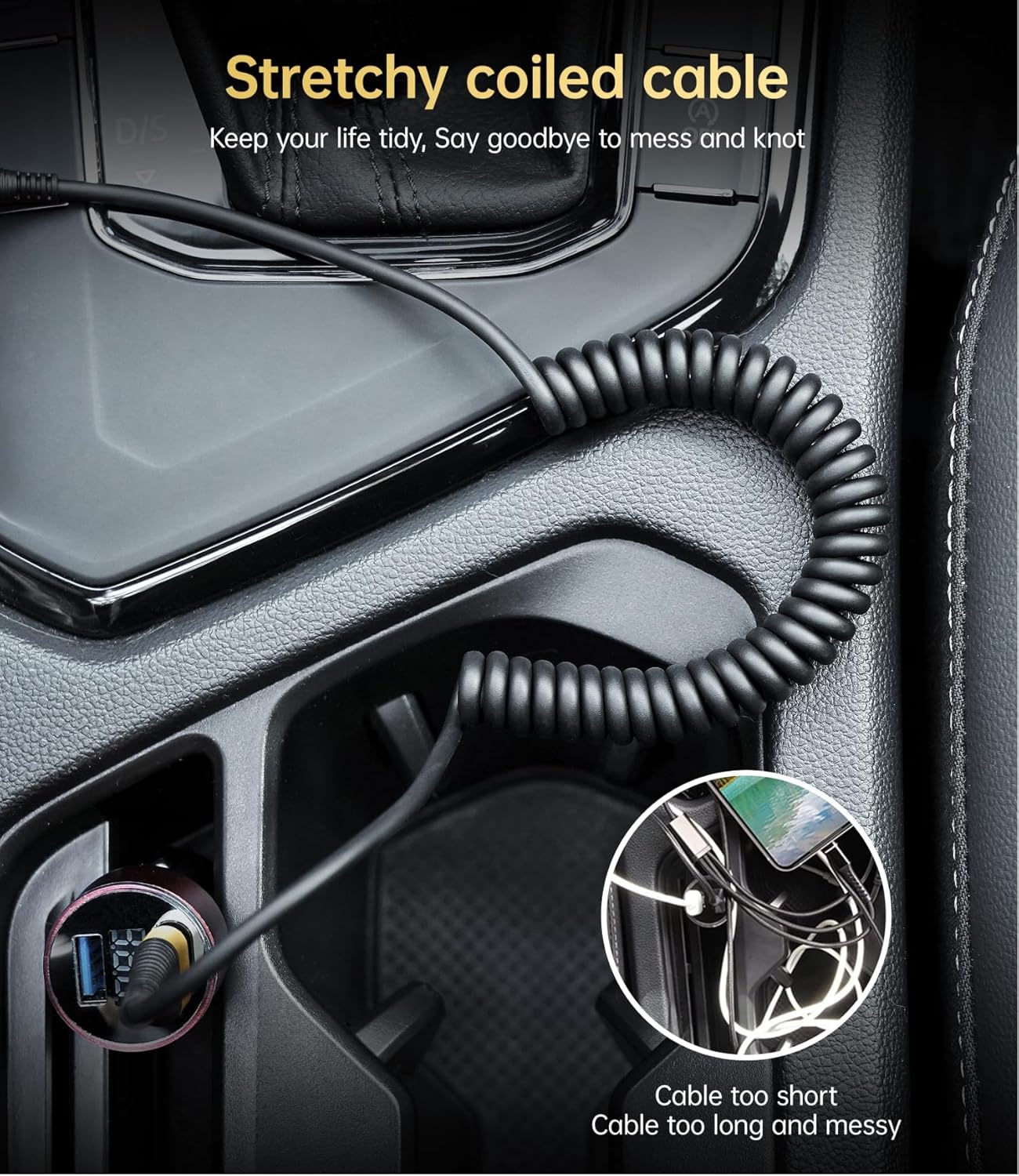 Short iPhone Charger Cable for Car, 2 Pack 3FT Coiled Lightning Cable [Apple MFi Certified] iPhone Charger Cord Compatible with iPhone 14/13/12/11 Pro Max/XS MAX/XR/XS/8/iPad/iPod/CarPlay-Gold