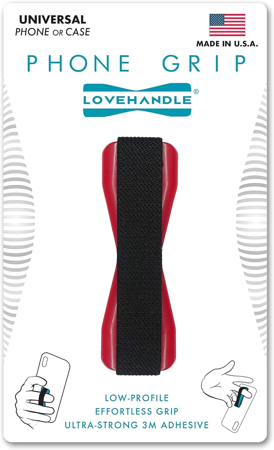 Universal Grip for Most Smartphones, Mini Tablets and Cases, Black Elastic Strap with Red Base, LH-01Red