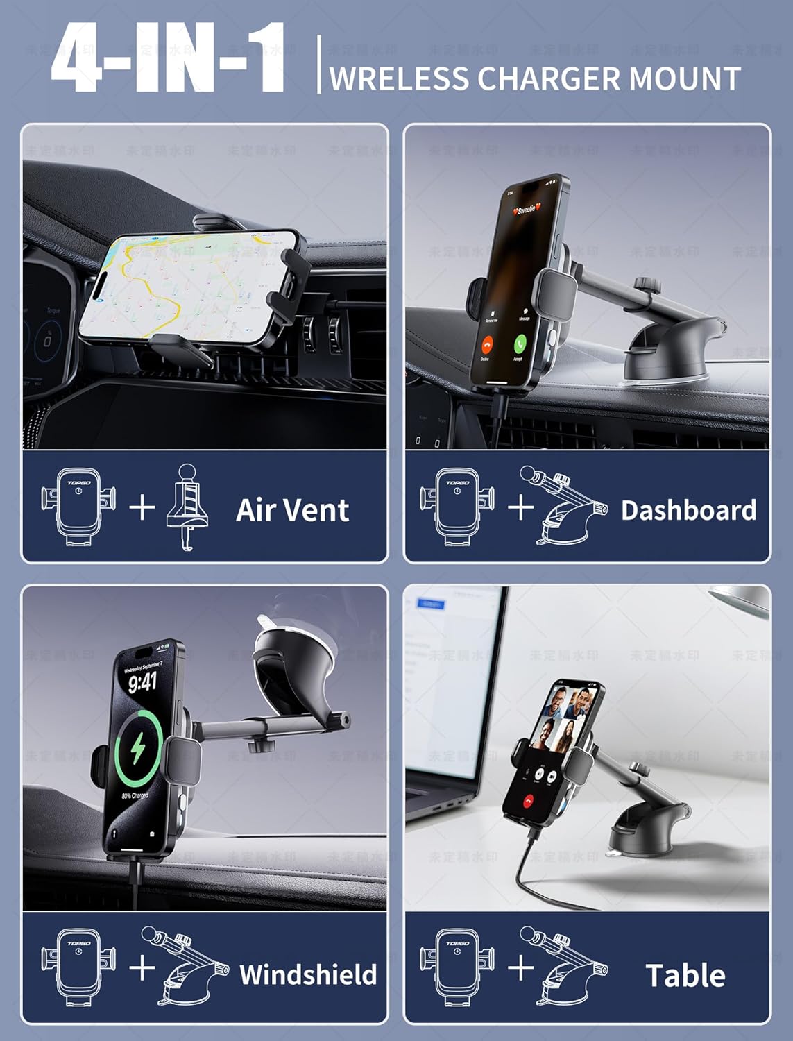 TOPGO Dashboard Wireless Car Charger, Universal Cell Phone Holder, Wireless Charger Phone Holder, 15W Fast Charging for iPhone16 Pro Max, Samsung Galaxy - Black