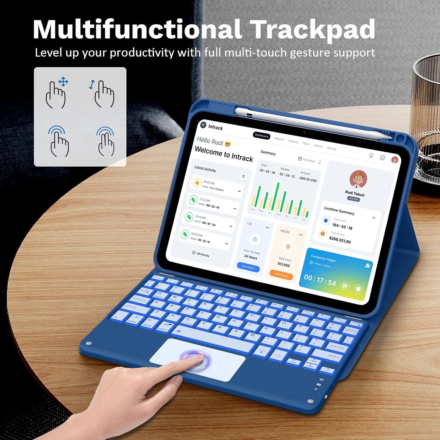 MoKo Touch Keyboard Case for iPad (A16) 11th Generation 11 inch 2025, iPad 10th Generation 10.9 inch Case with Pencil Holder, 7 Colors Backlit Multi-TrackPad Detachable Bluetooth Keyboard, Navy Blue