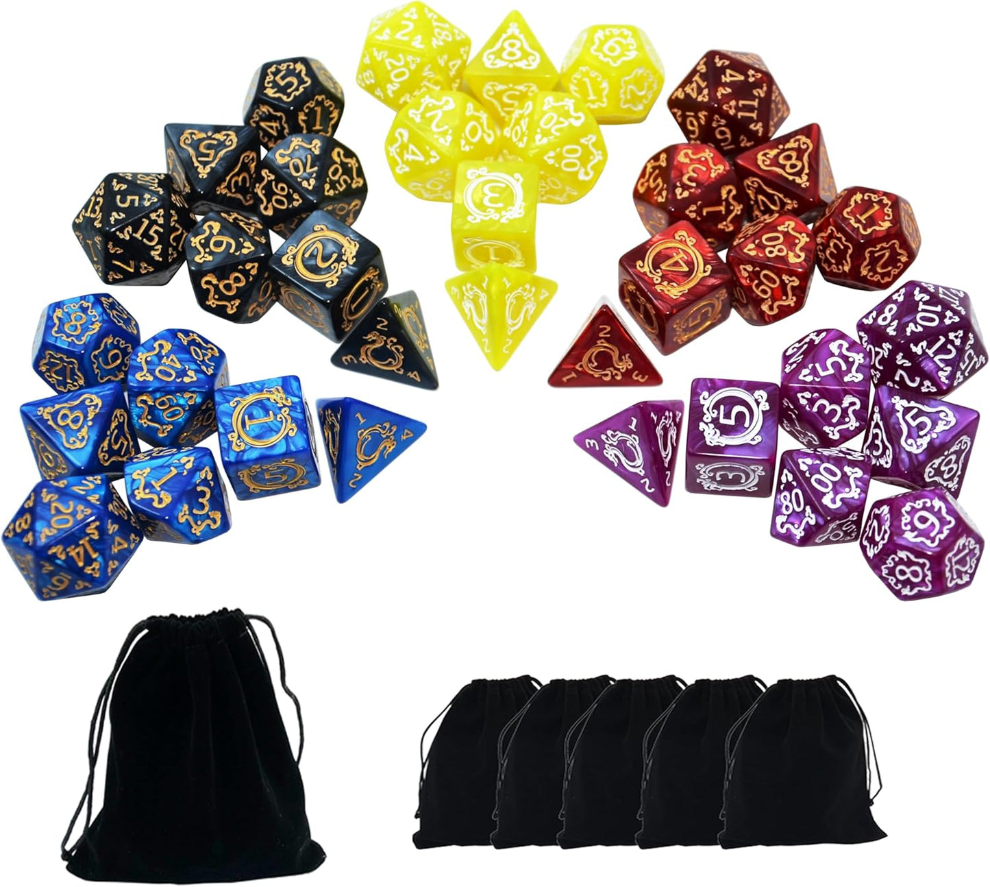 SmartDealsPro Retro Polyhedral Dice Sets with Pouches for D&D DND RPG MTG Dungeon and Dragons Table Board Roll Playing Games D4 D6 D8 D10 D% D12 D20