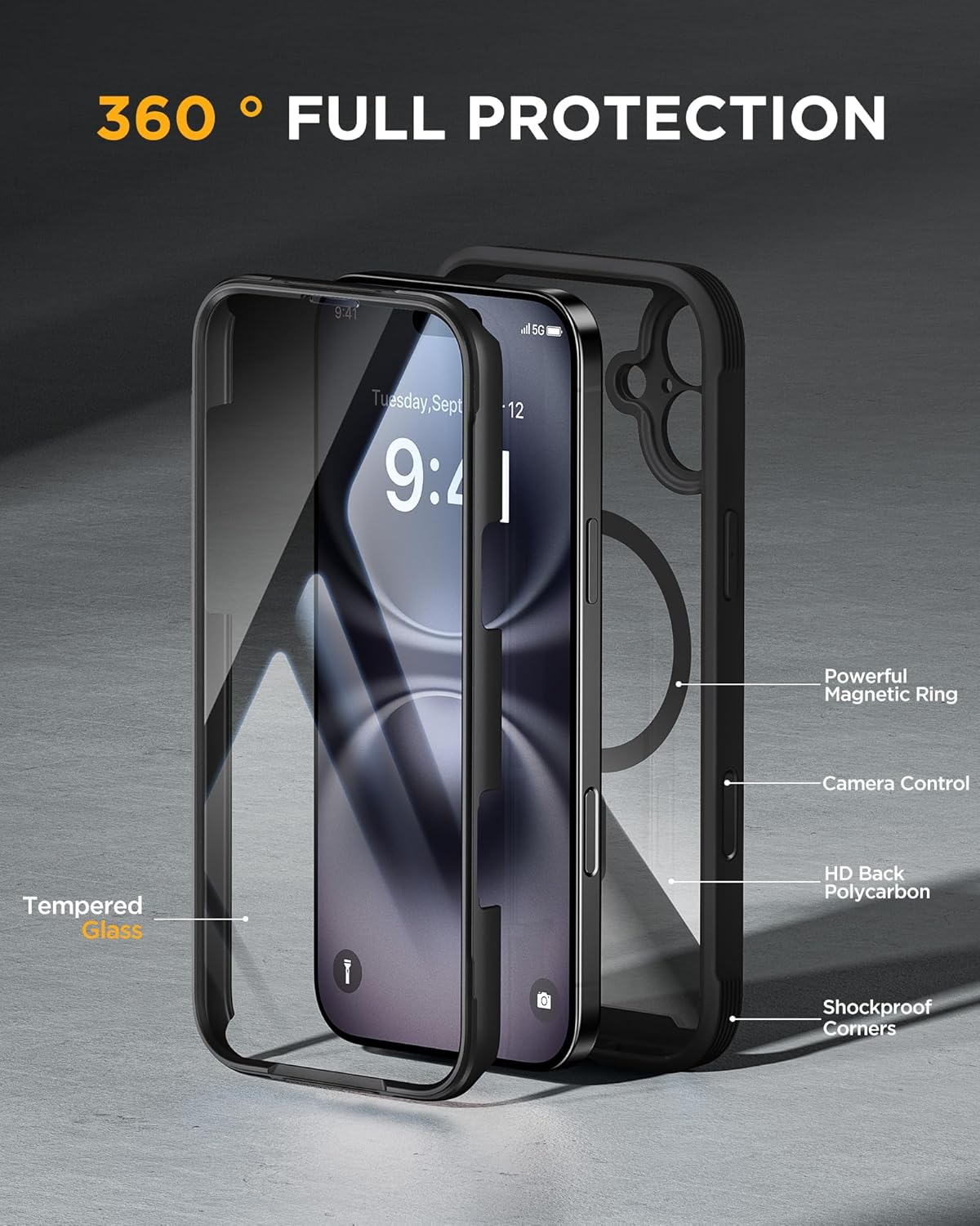 Miracase Magnetic for iPhone 16 Plus Case Full-Body Phone with Built-in Glass Screen Protector, [Compatible with MagSafe] Military Drop Proof 16 Plus Cover Bumper 6.7 inch, Black