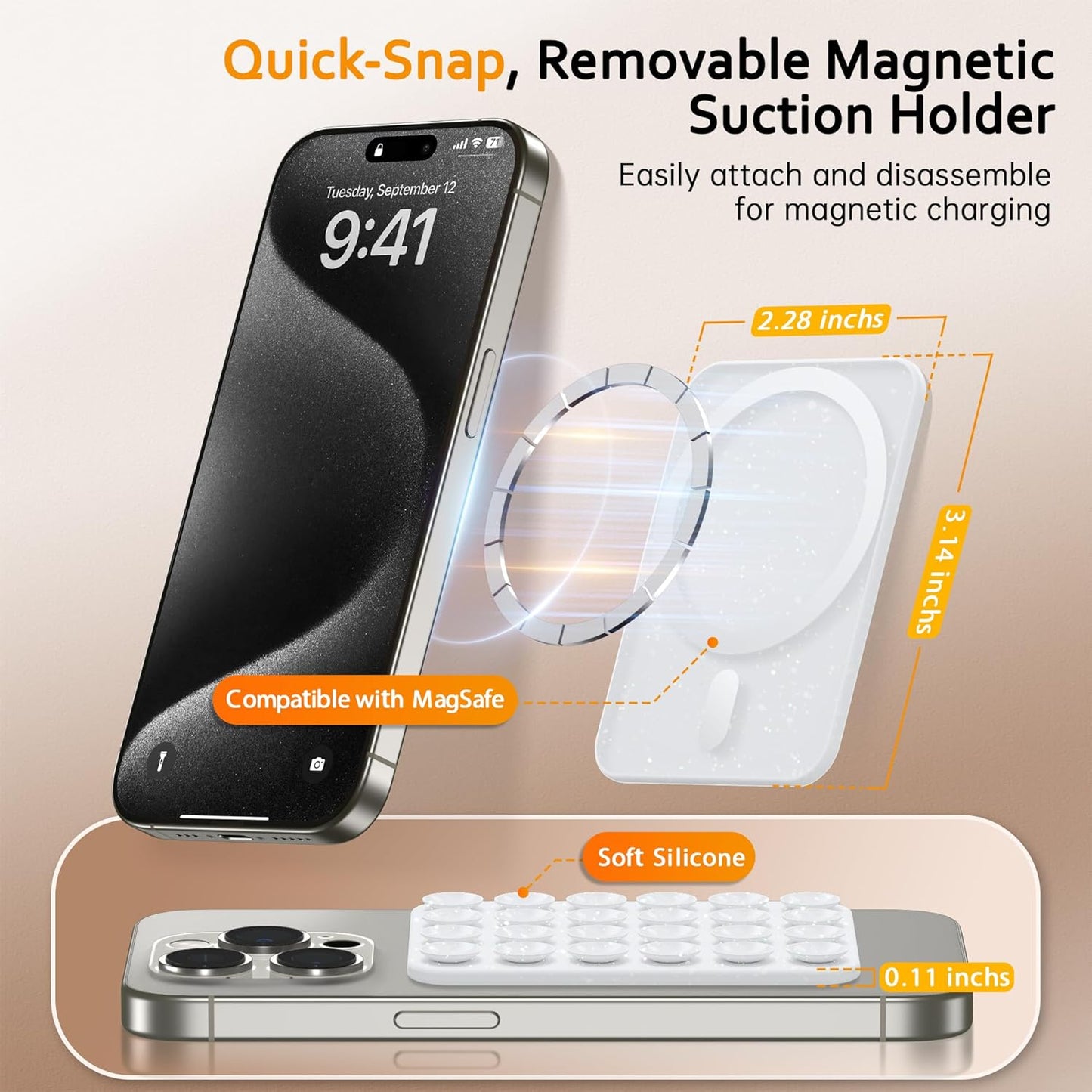 GONEZ Magnetic Suction Cup Phone Mount for MagSafe Case, Removable Silicone Sticky Grip for iPhone 12/13/14/15/16, Hands-Free Selfies and Videos for TikTok & Instagram Influencer/Creator,Glitter White