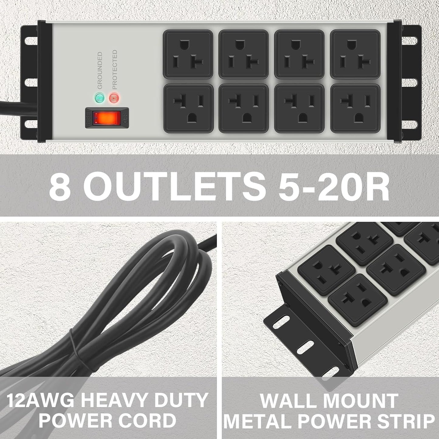 CCCEI Grey Heavy Duty Power Strip Surge Protector 20 AMP, 8 Outlets 12 Gauge Industrial Shop Garage Metal Multiple Outlets, 12 FT Extension Cord 5-15P Adapter High Amp 6-20R T-Slot 20a for Appliance