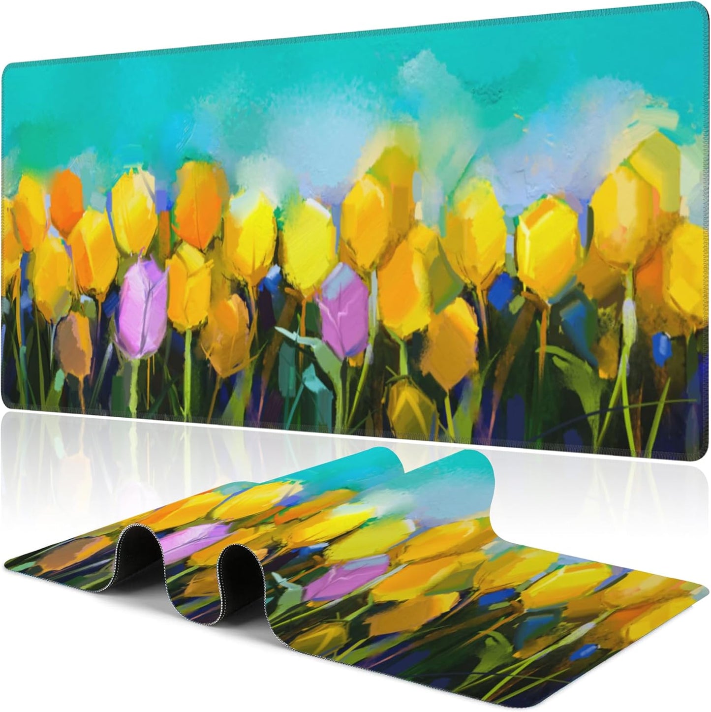 Tulips Flowers Desk Mat,Large Yellow and Violet Tulip Flowers Gaming Keyboard Mouse Pad,Non-Slip Rubber Base Desk Pad Thick Stitched Edges Waterproof Mousepad Mouse Mat 31.5"x11.8"