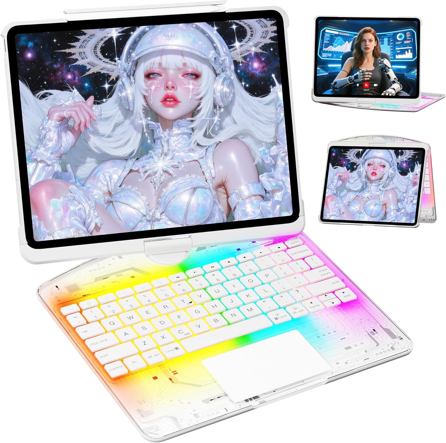 KITONE Transparent Case with Wireless Keyboard only for 2024 iPad Pro 11-in.(M4), 7 Colors Backlight, Trackpad, 360°Rotating Stand for iPad Pro 11(5th Gen), Tech Style