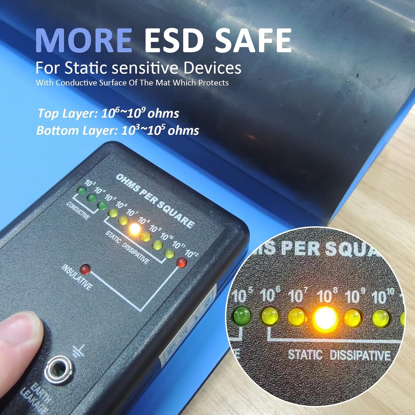 KooMall 48 x 24 Inch ESD Rubber Mat Kits, Anti Static Table Floor Pad for Electronic Device Repair Solder Assembly PC Building, W/H Grounding Kit- Antistatic Wrist Straps Bracelets Cord Plugs, Blue