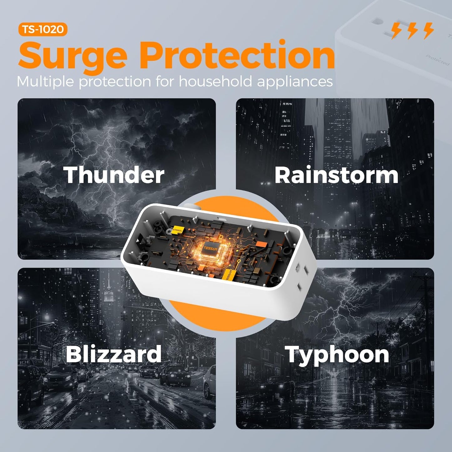 Surge Protector Power Strip, TESSAN Flat Plug Extension Cord 10 FT with 4 Wide Spaced AC Outlets, 900J Protection, Wall Mountable Charging Station for Home Office School Dorm Room Essentials