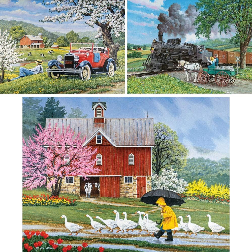 Bits and Pieces – Value Set of Three 300 Piece Jigsaw Puzzles for Adults – Old Country Farm Town Jigsaw Puzzles by Artist John Sloane, Completed Puzzle Size: 16" x 20"