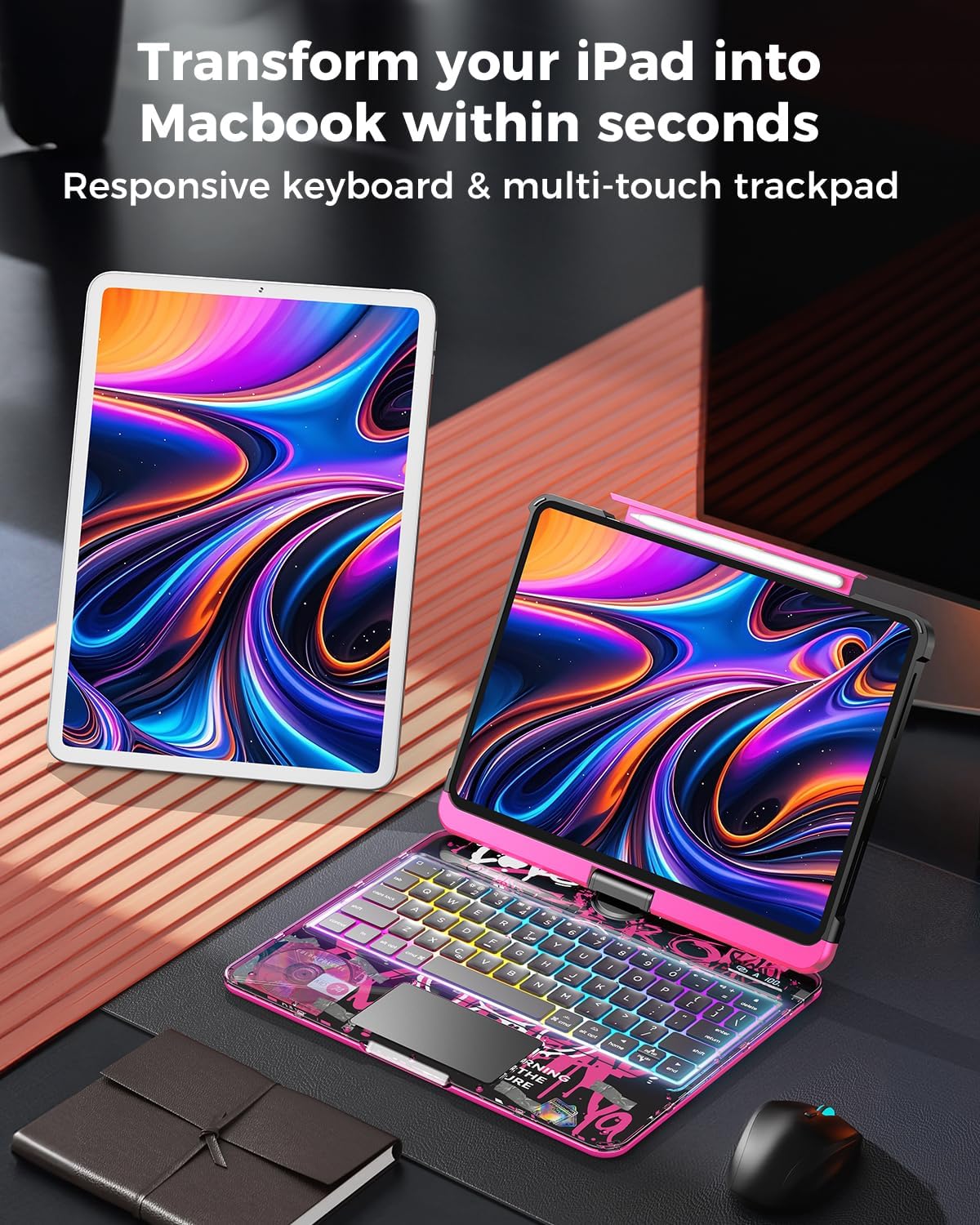 SIBEITU Keyboard Case for iPad Pro 13 Inch (M5 2025 / M4 2024), 360 Rotatable iPad Pro 13 Clear Cover with Multi-Touch Trackpad, 7-Color Backlight & 3 Brightness, High-Tech Visible PCB Design, Pink