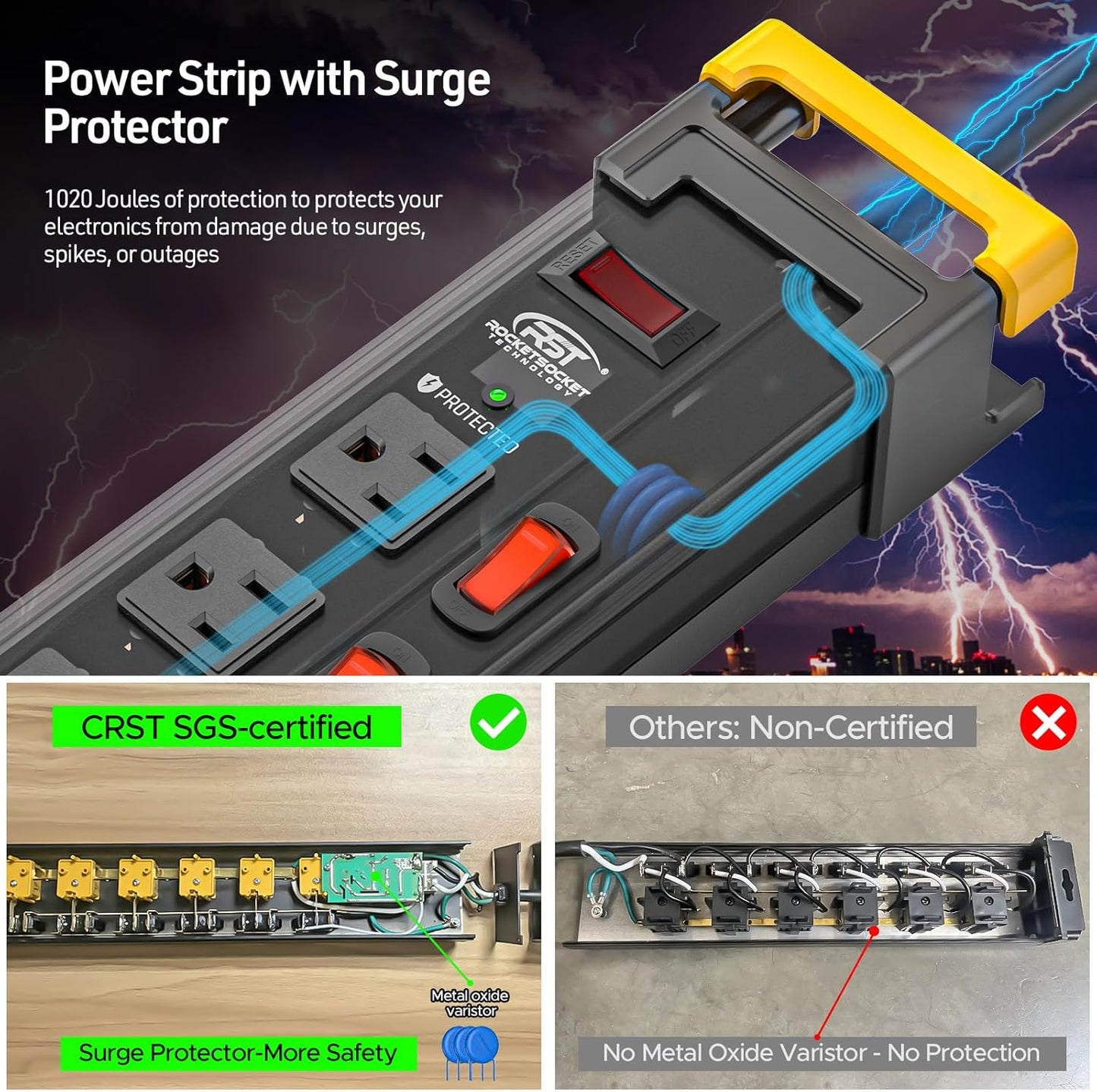 CRST Heavy Duty Metal Power Strip with Individual Switches, 12 Outlets Long Surge Protector Power Strip (1020J), 15A/1875W, 9FT Cord, Use for Garage Workshop Office School and Home...