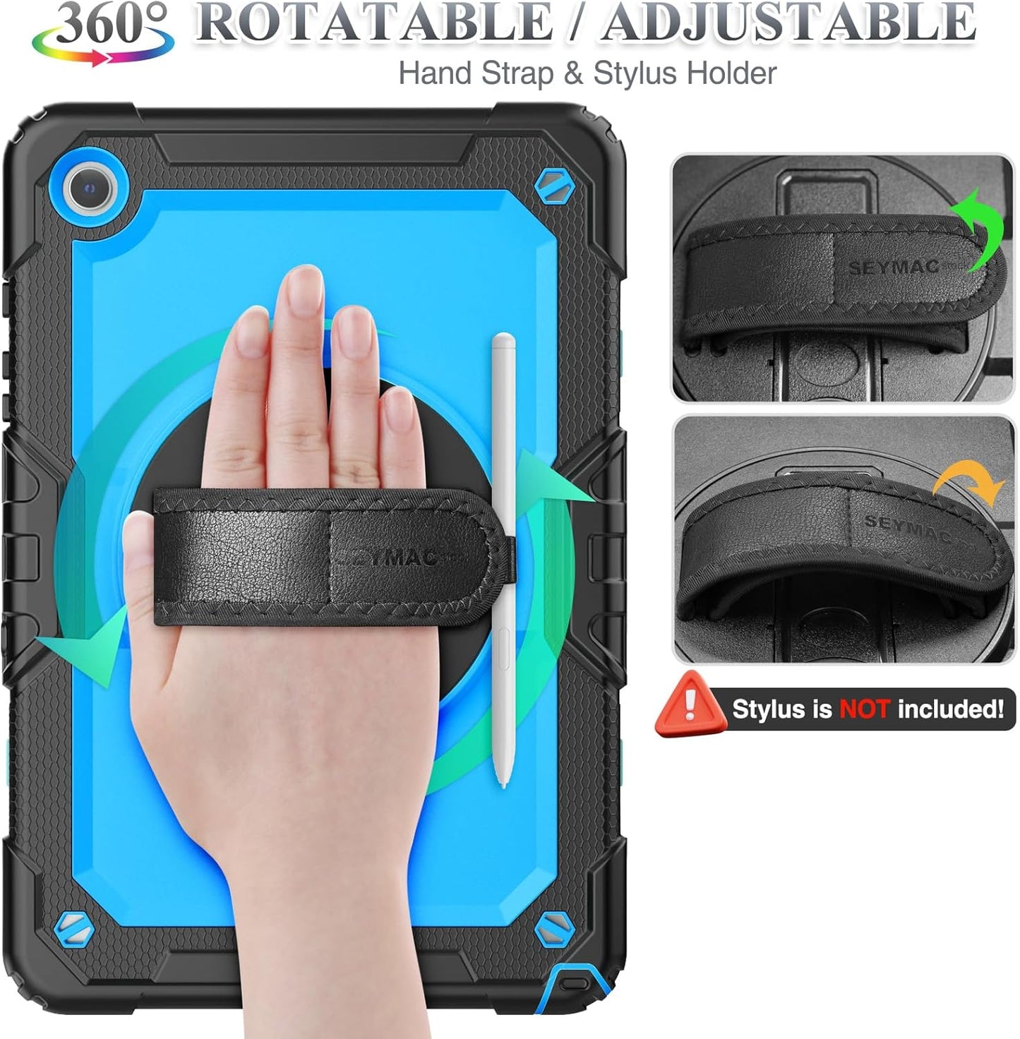 SEYMAC stock Case for Samsung Galaxy Tab A9+ Plus 11'', Full-Body Drop Protection Case with Screen Protector Pencil Holder [360° Rotating Hand Strap] &Stand, SkyBlue+Black