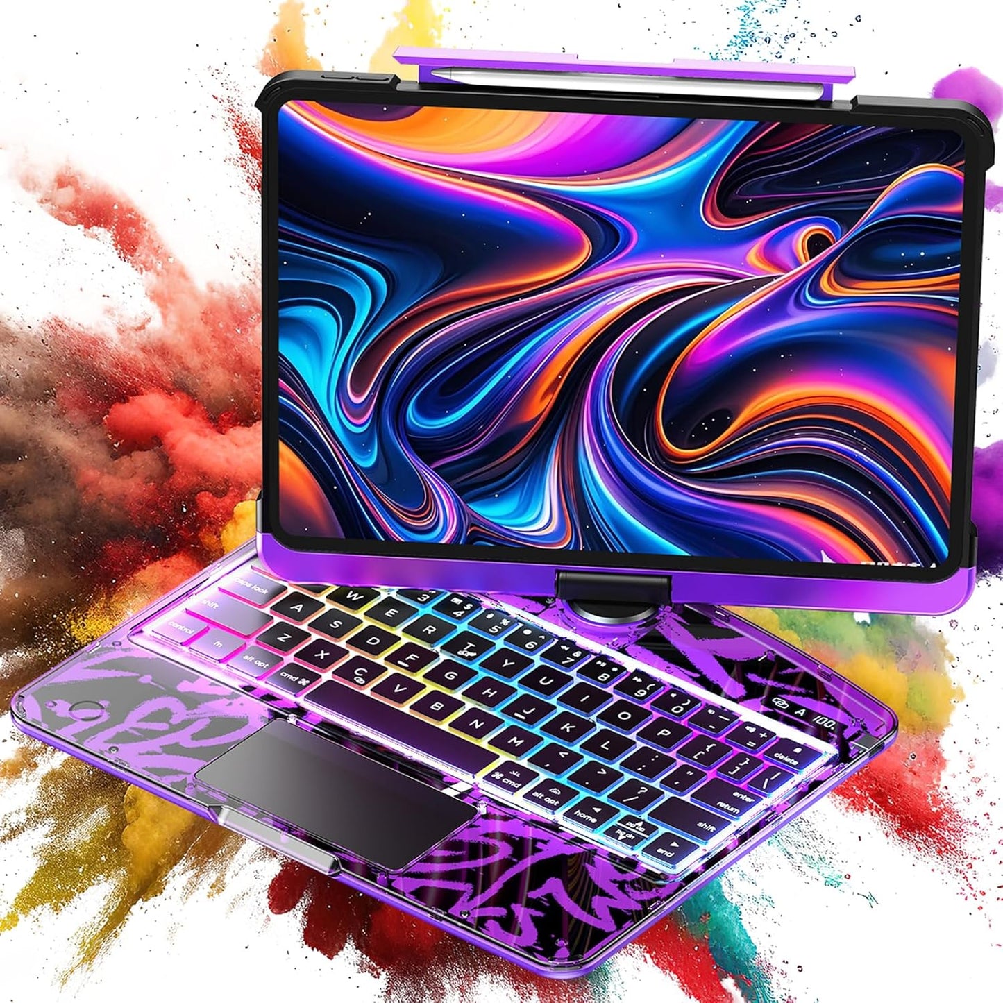 SIBEITU Keyboard Case for iPad Pro 13 Inch (M5 2025 / M4 2024), 360 Rotatable iPad Pro 13 Clear Cover with Multi-Touch Trackpad, 7-Color Backlight & 3 Brightness, High-Tech Visible PCB Design, Purple