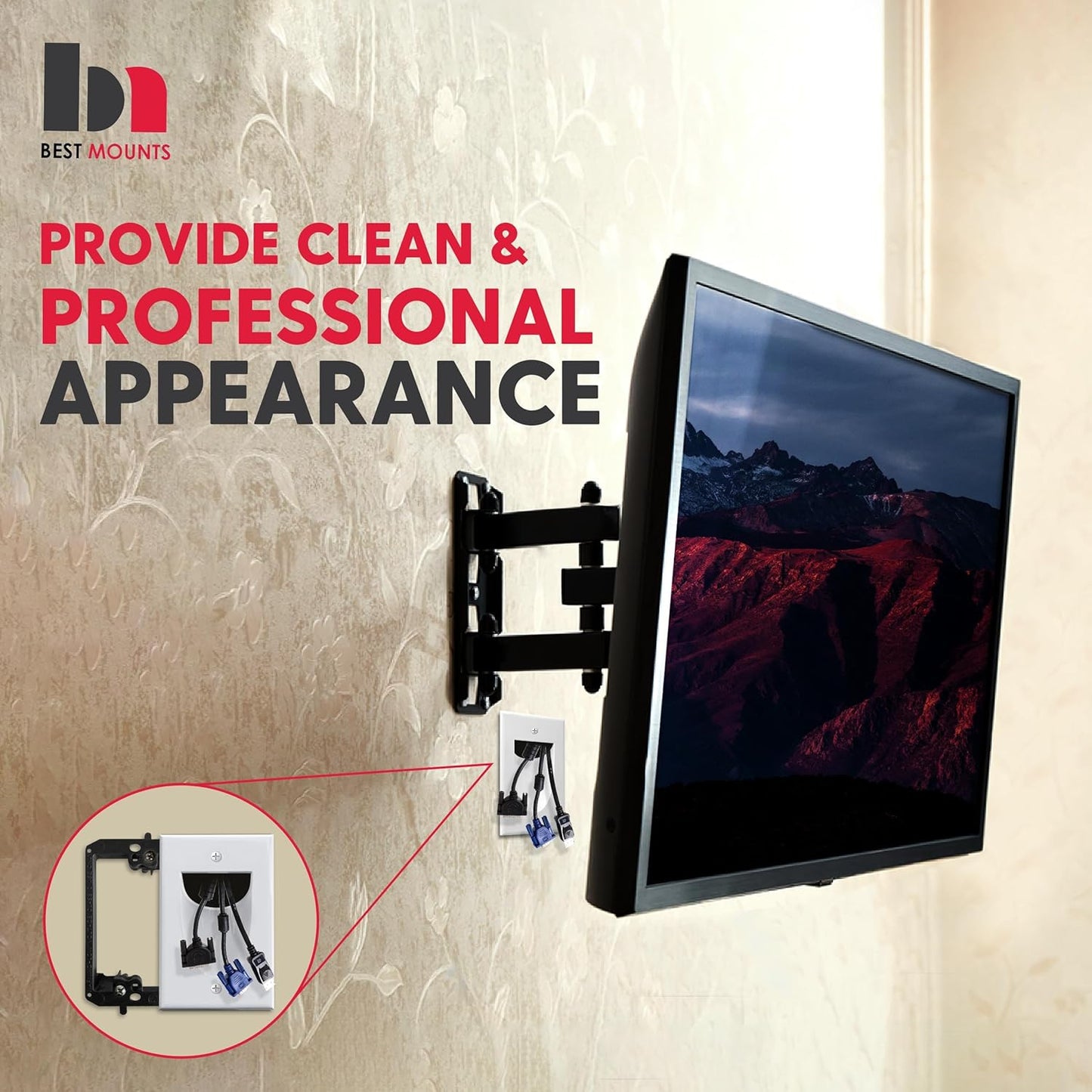 2 Pack Wall Plate with Bracket - In Wall Cable Management Kit - Recessed Wall Plate Cable Pass Through Pair with Single Gang Low Voltage Mounting Bracket - TV Cord Hider for Wall Mounted TV