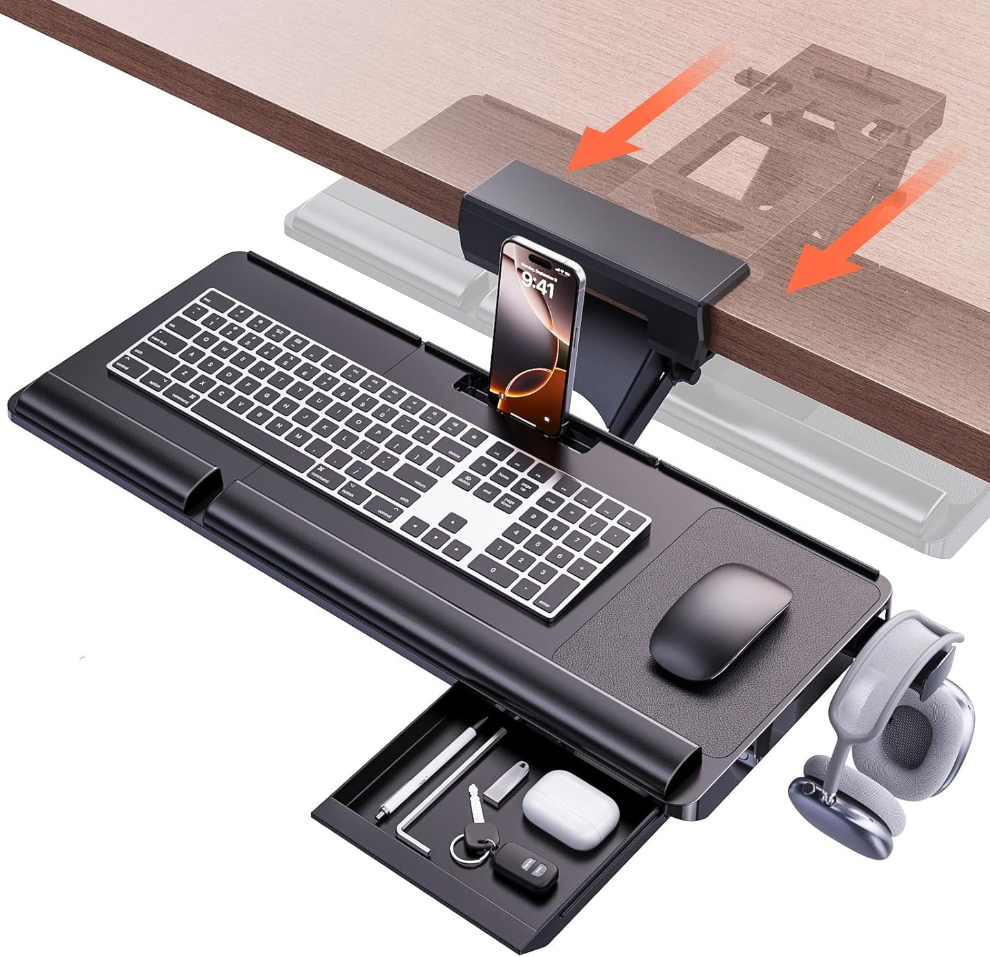 Klearlook Upgraded Ergonomic Keyboard Tray Under Desk, Adjustable Sliding Keyboard Platform Holder, Keyboard Stand with Wrist Rest & Storage Drawer for Home, Office and Gaming, 24.4"x10"