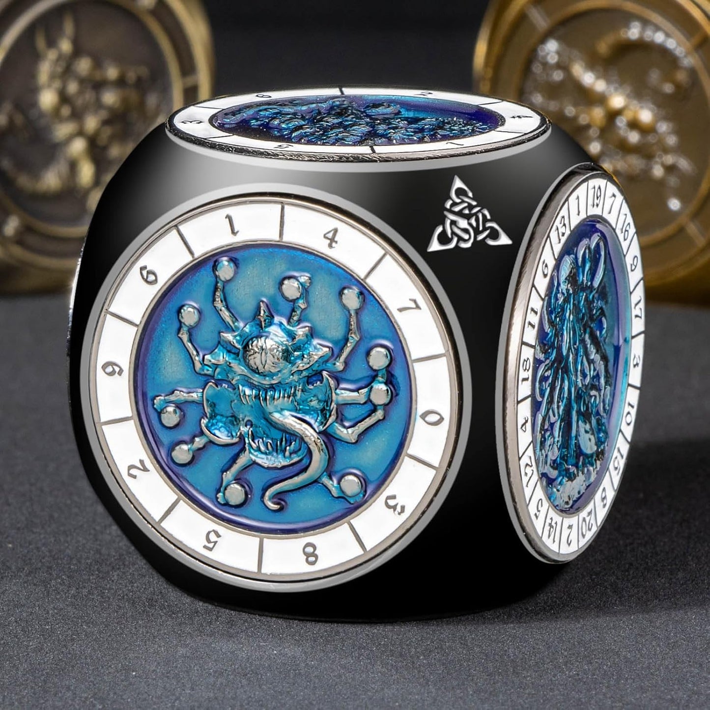 7 in 1 D6 Spinner DND Dice Set D&D, Metal Cube D and D Dice with Gift Box, Dungeons Dragons Role Playing Dice, Black Blue