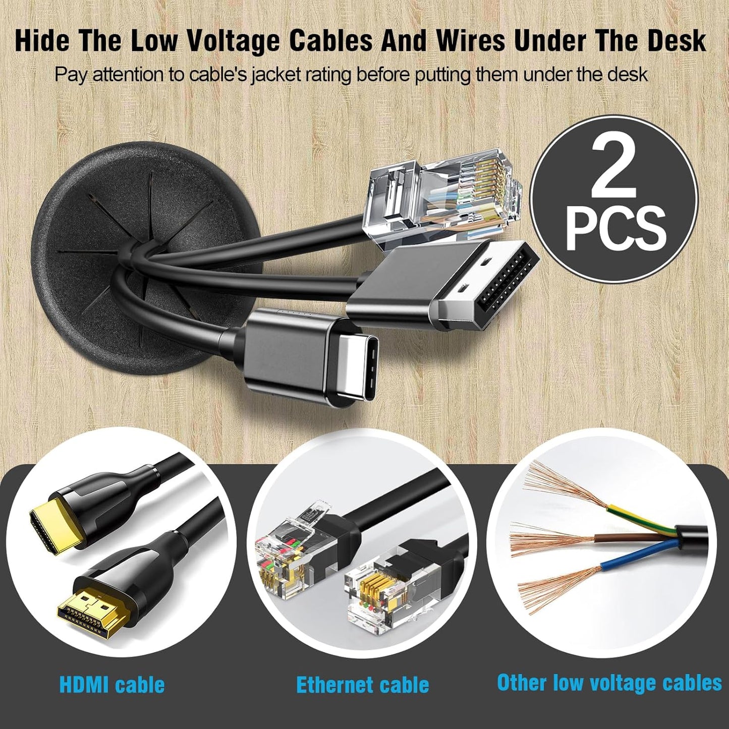 2" Black Desk Grommet, JTemgle Flexible Cable Grommet Rubber Cable Hole Cover Wire Organizer Caps Desktop Cord Management for Home Office TV Stands Tabletops, 2 Pieces