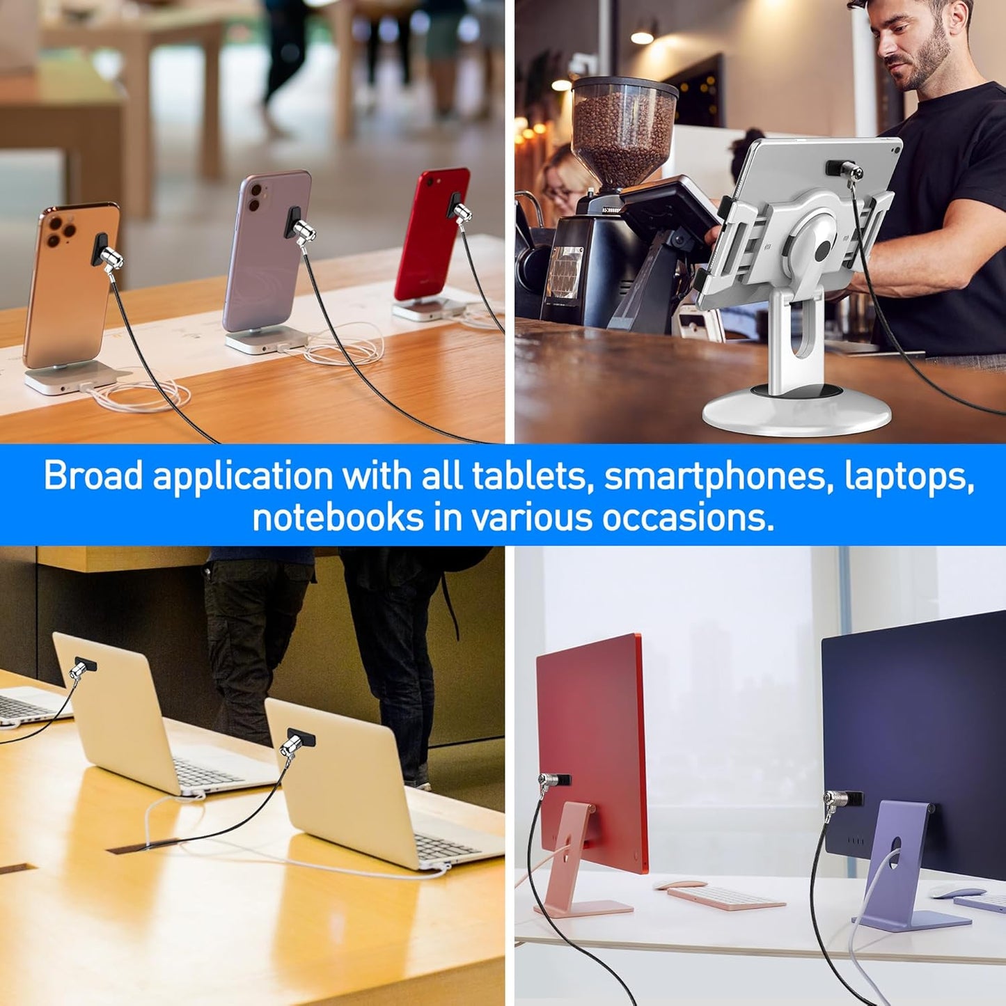 AboveTEK Laptop Lock, Tablet Lock Security Cable, 2 Keys Sturdy Steel iPad Locking Kit w/Adhesive Anchors, Anti Theft Hardware Protection for iPhone Mobile Notebook Computer Monitor MacBook Laptop