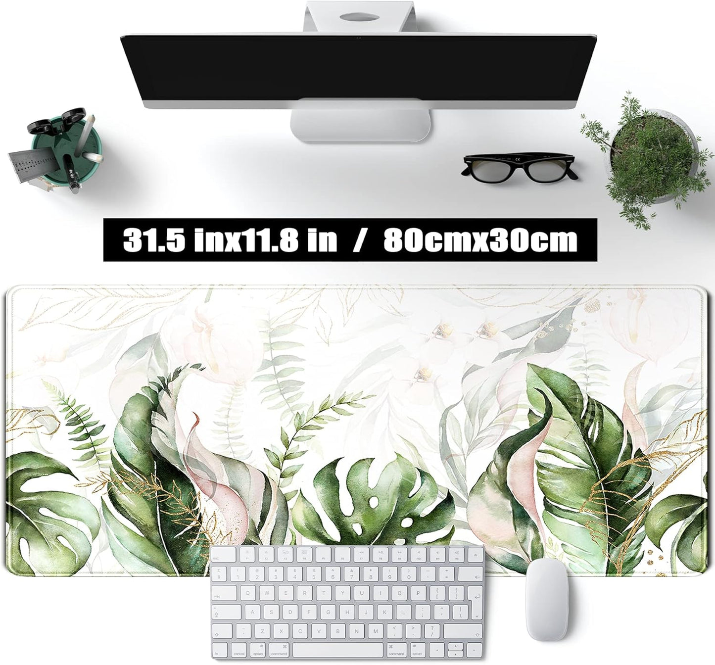 Green Tropical Leaves Desk Mat XL Large Gaming Mouse Pad Green Sage Plant Laptop Keyboard Mouse Mat Office Supplies Desk Decor Accessories for Women, Desk Mats Pads on top of Desks, 31.5x11.8 in