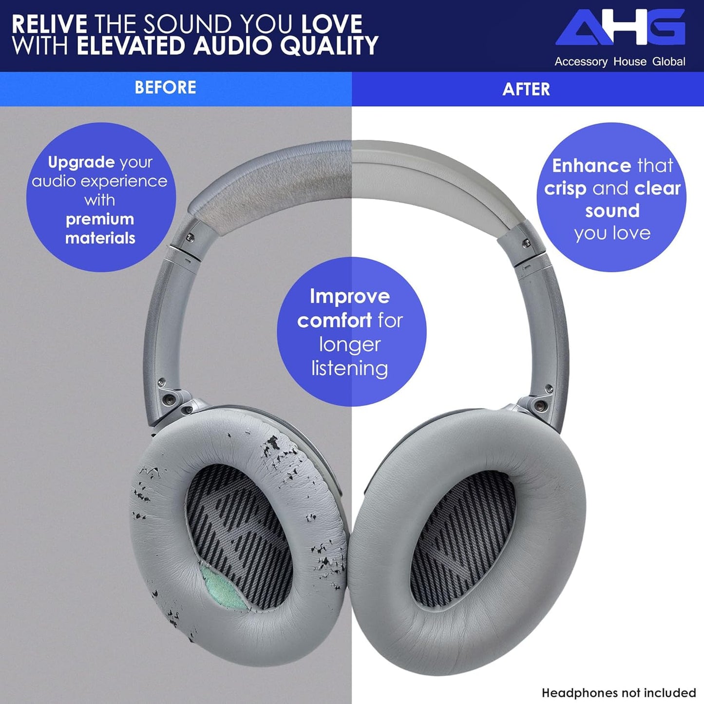 Replacement QC Ear Pad and Headband Pad Kit Cushion. Compatible with Bose QuietComfort (2023) QC45 QC35 QC35 II QC SC QC SE Wireless Noise Cancelling Headphones (Grey)