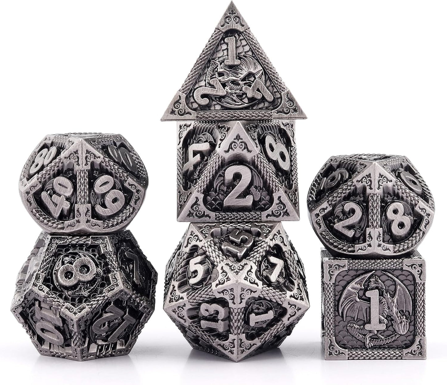 PJOY Metal DND Dice Set Antique Silver Dragon Scale D&D Polyhedral Dice with Dice Case for Dungeons and Dragons TTRPG Gifts