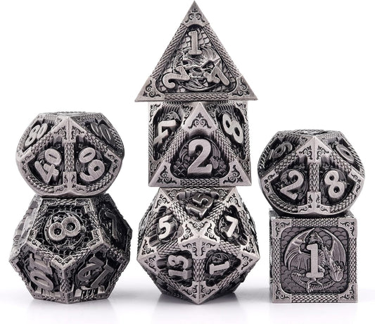 PJOY Metal DND Dice Set Antique Silver Dragon Scale D&D Polyhedral Dice with Dice Case for Dungeons and Dragons TTRPG Gifts