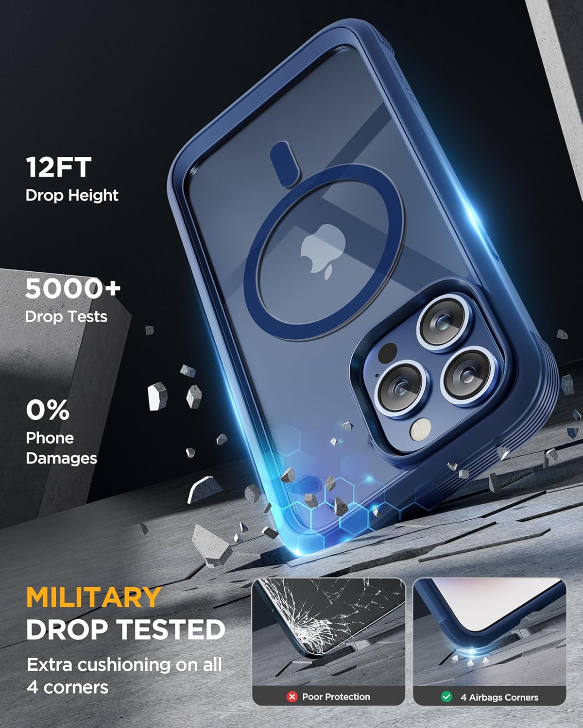 Miracase Magnetic for iPhone 12 Pro Max Case [Compatible with MagSafe] Full-Body Phone case with Built-in Glass Screen Protector& Camera Protector, Military Drop Proof 12 Pro Max Cover, Blue