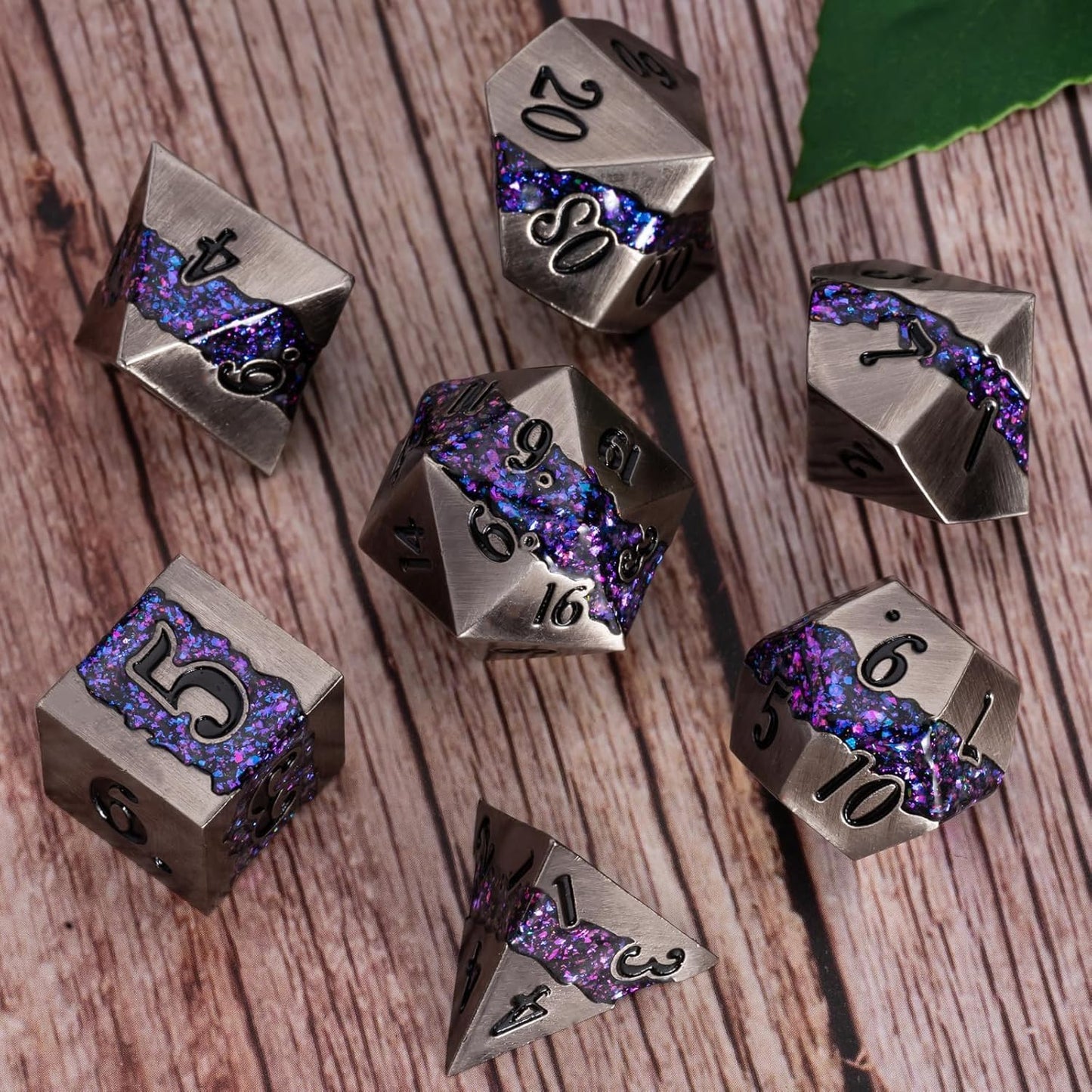 Metal Dice Set D&D, 7 PCS RPG Metallic Glitter Stripe Dice Set with Gift Box for Dungeons and Dragons Role Playing Games