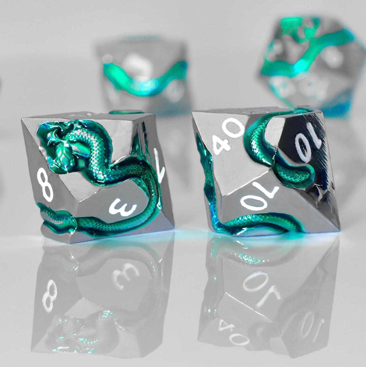 RULE DICE Serpent's Cunning Metal DND Dice Set - 7pc Polyhedral D&D Dice for Dungeons and Dragons, RPGs Like Pathfinder - Emerald Green Snake Design, Balanced for Critical Rolls