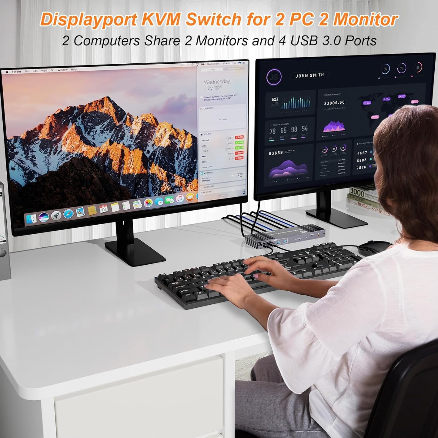 8K KVM Switch 2 Monitors 2 Computers Displayport, DP+DP 4K@144Hz USB3.0 Dual Monitor KVM Switches for 2 PC Sharing 2 Monitor of 1 Set Keyboard Mouse and USB Device, with IR Controller