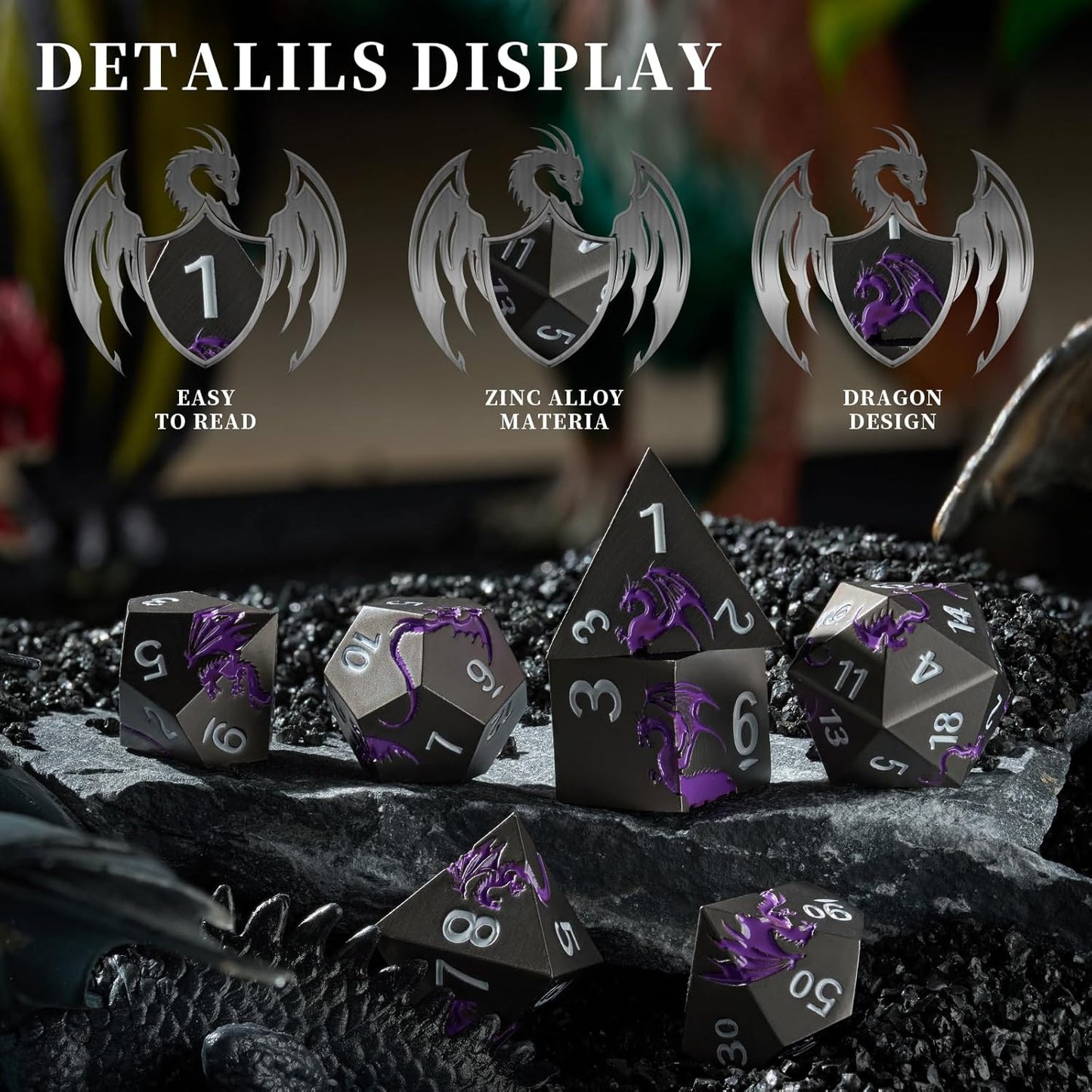 Metal Dice Set D&D, HNCCESG Polyhedral Dice 7 Piece Dice Dragon Metallic DND Dice Set for Dungeons and Dragon RPG Tabletop Game(Black Purple Dragon)