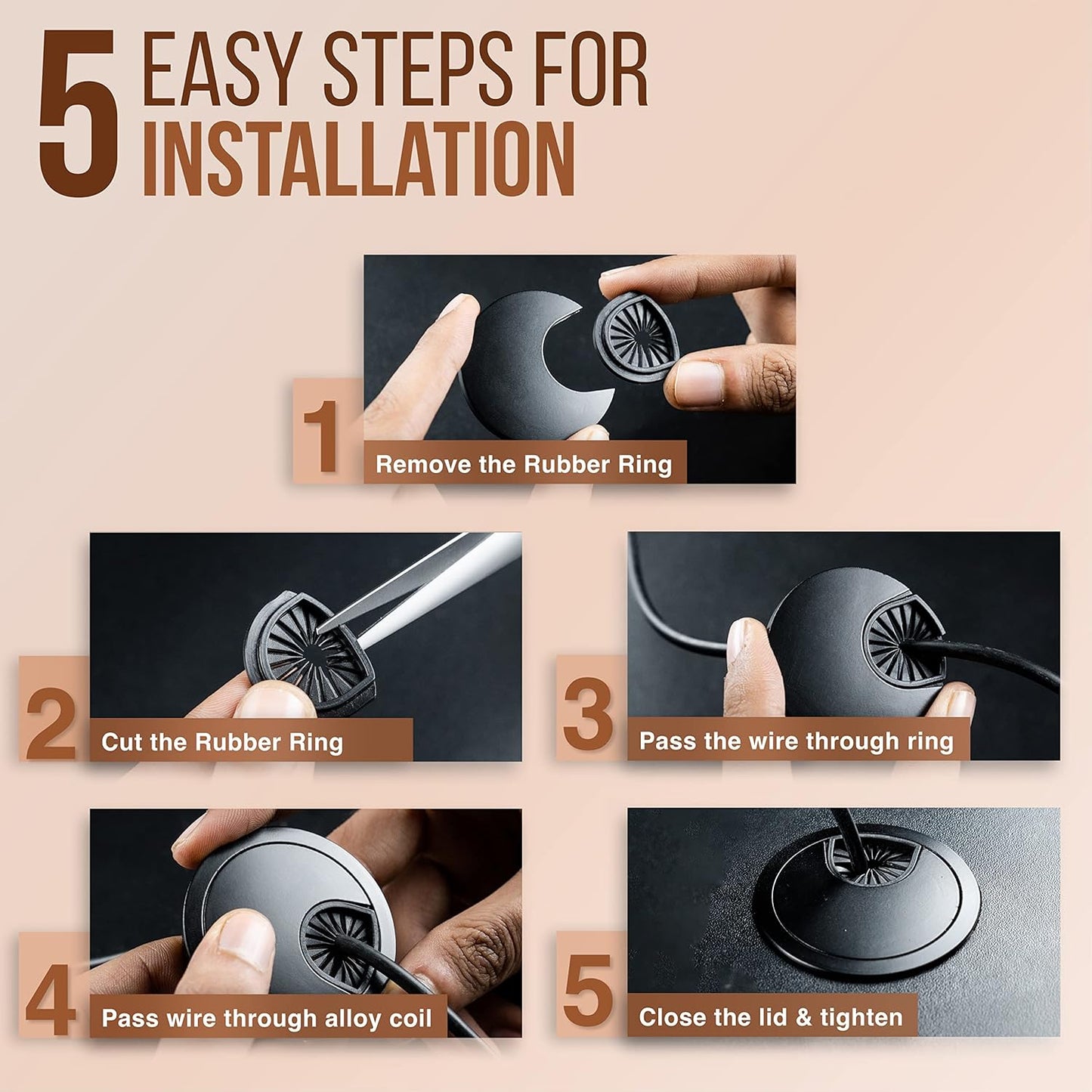 MAHDPRO Metal Desk Grommet 2 Inch (50 mm) Pack of 2-Flat Black Zinc Alloy Metallic Desk Cord Hole Cover to Arrange Cables & Wires Through Computer Table/Countertops