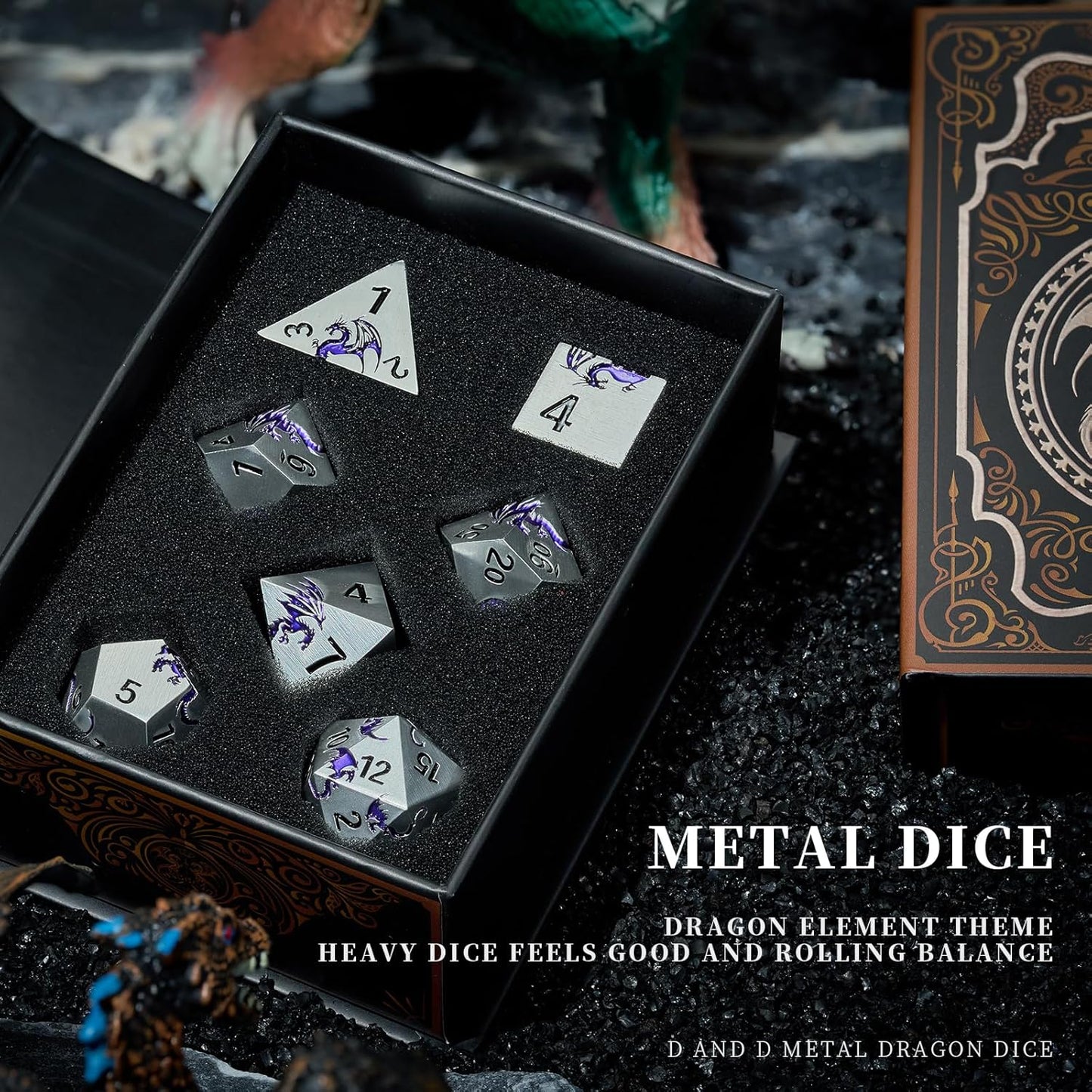 Purple Dragon Metal Dice HNCCESG 7 Piece Heavy Metallic D&D Dice Set with Dungeons and Dragon Gift Dice Box for TTRPG Tabletop Game (Matte Silver Purple)
