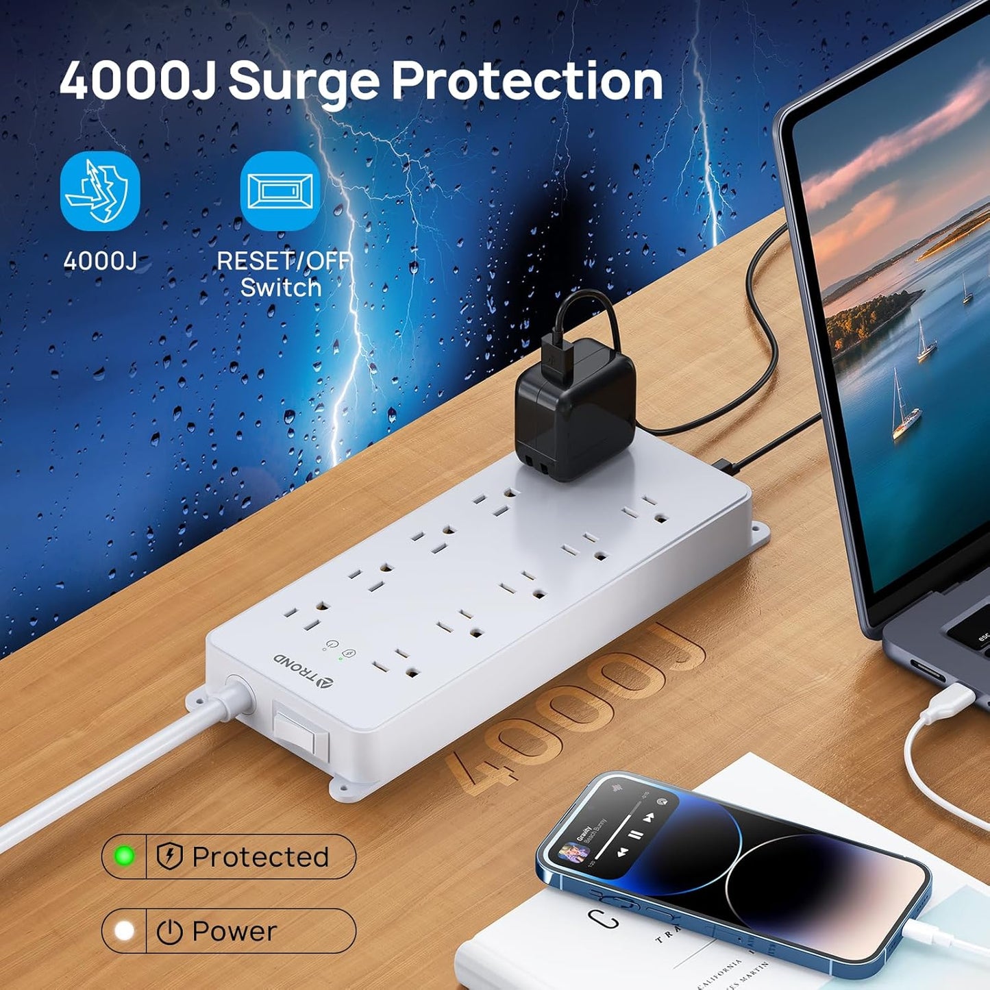 TROND Surge Protector Power Strip, Flat Plug 15ft Long Extension Cord, 10 Widely Spaced AC Outlets, 2 USB A & 2 USB C Ports, 4000J, ETL Listed, Wall Mountable, for Home Office Entertainment, White