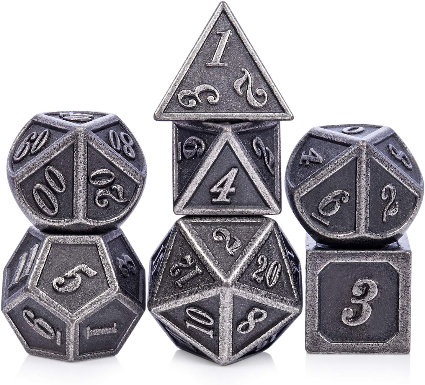 DnDnD Acient Silver Metal DND Dice Set, 7PCS D&D Metal Dice with Metal Case for Dungeons and Dragons, Shadowrun, Pathfinder, Savage World and Table Games