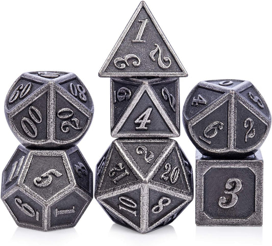 DnDnD Acient Silver Metal DND Dice Set, 7PCS D&D Metal Dice with Metal Case for Dungeons and Dragons, Shadowrun, Pathfinder, Savage World and Table Games