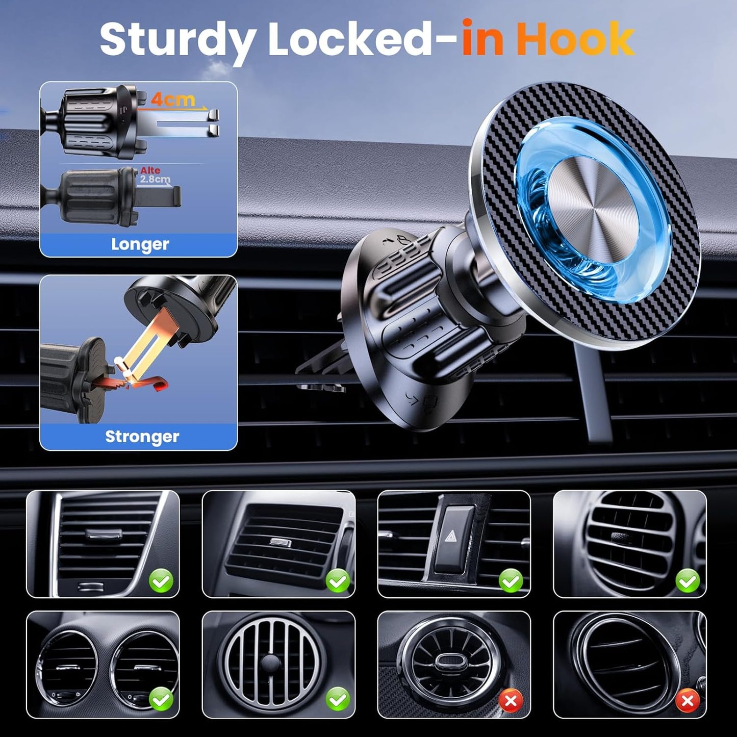 for MagSafe Car Mount Magnetic Phone Holder for Car [2025 Upgraded 22X Magnets & Double-Hooks] Phone Holders for Your Car Stand for Dashboard Vent GPS for iPhone 16/15/14/13/12 Android etc