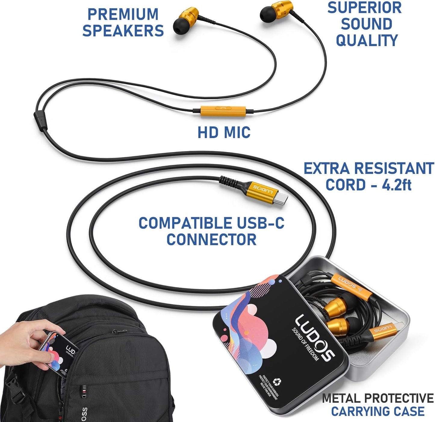 LUDOS OMNITONE USB C Headphones for iPhone 16 15 Pro Max Plus iPad Pro, 5 Years Warranty, USB-C Earbuds for Samsung Galaxy S24 S23 Ultra S22 S21 S20 A55 A54 A53, USB Type C Earphones - Gold