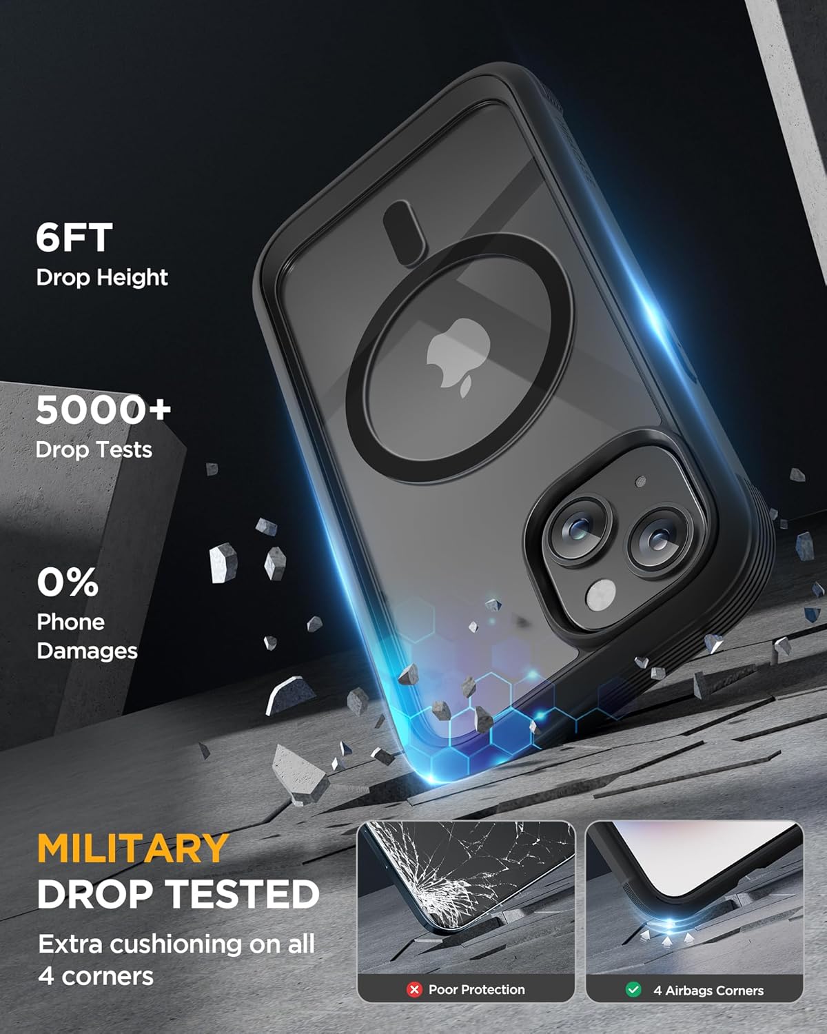 Miracase Glass Series for iPhone 15 Case [Compatible with MagSafe] Full-Body Magnetic Bumper Case with Built-in 9H Tempered Glass Anti-Fingerprint Screen Protector + Camera Lens Protector, Black